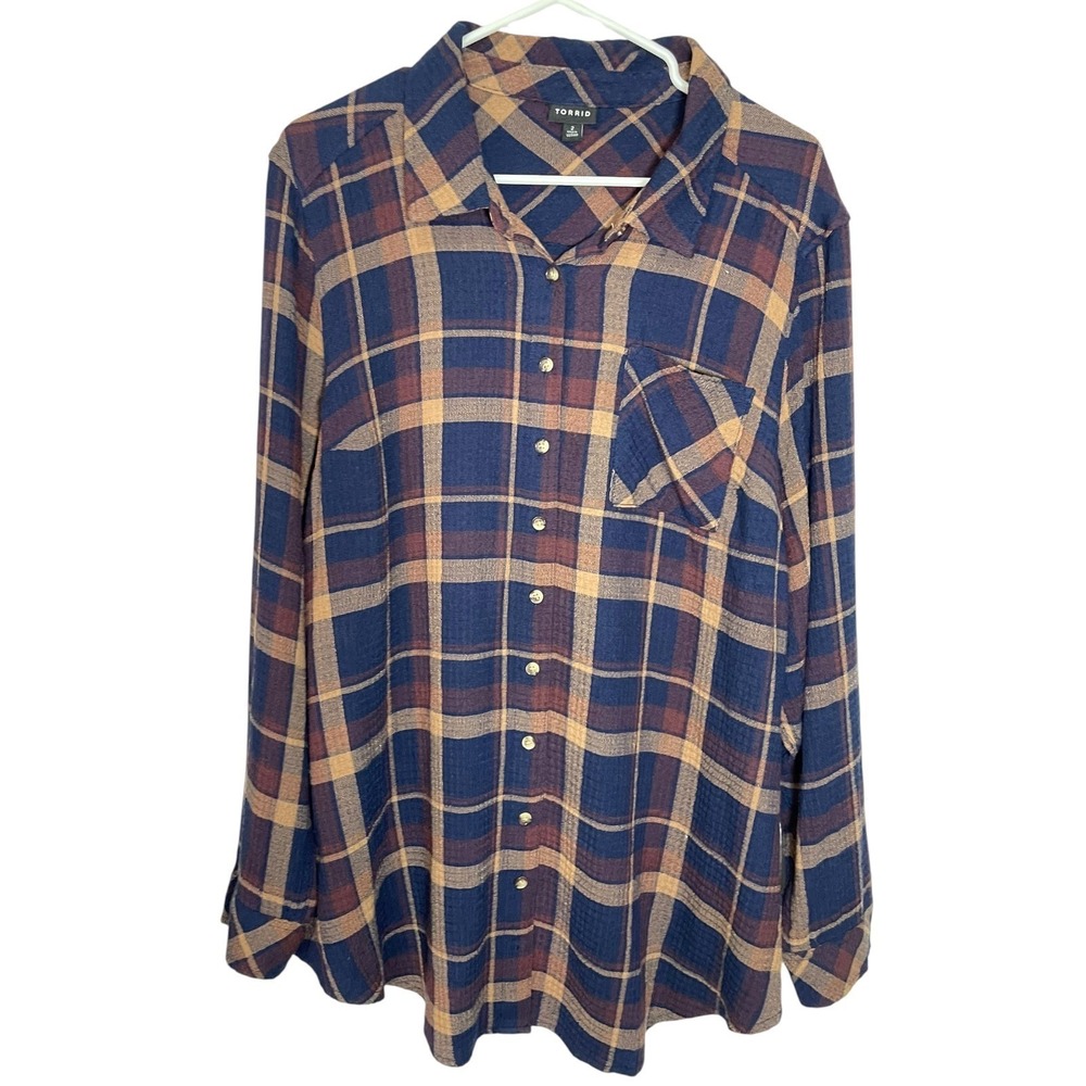 Torrid 2 Navy Blue Plaid Button Down Shirt Long Sleeve Pocket Grunge Cabin